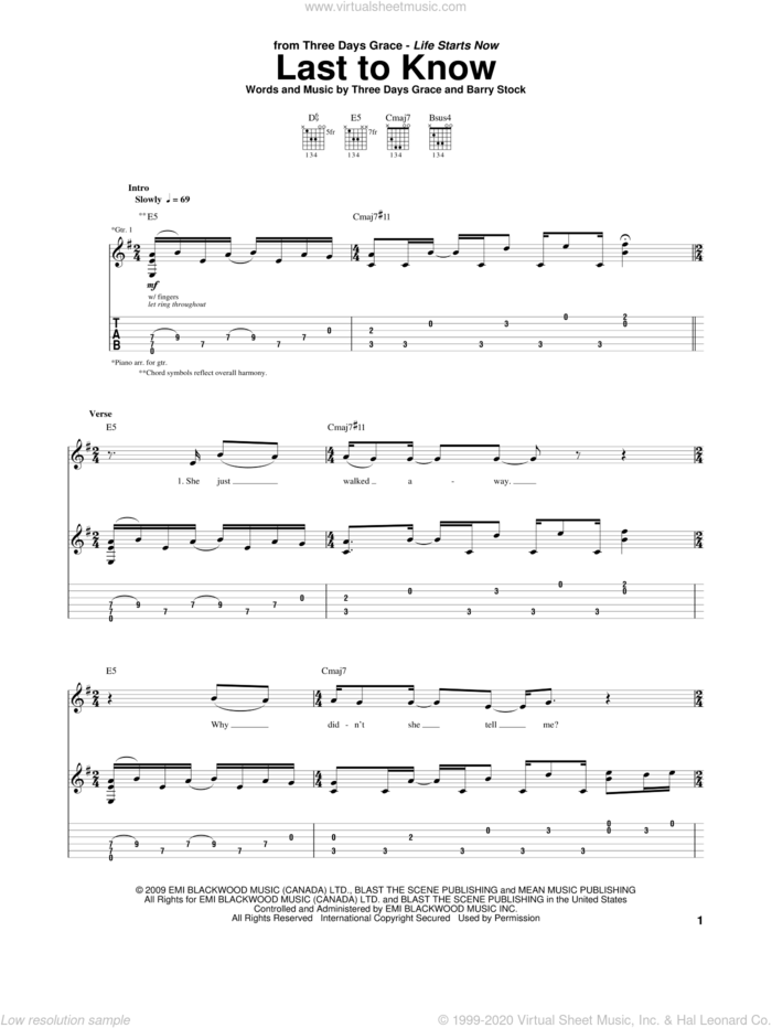 Last To Know sheet music for guitar (tablature) by Three Days Grace, Adam Gontier, Barry Stock, Brad Walst and Neil Sanderson, intermediate skill level