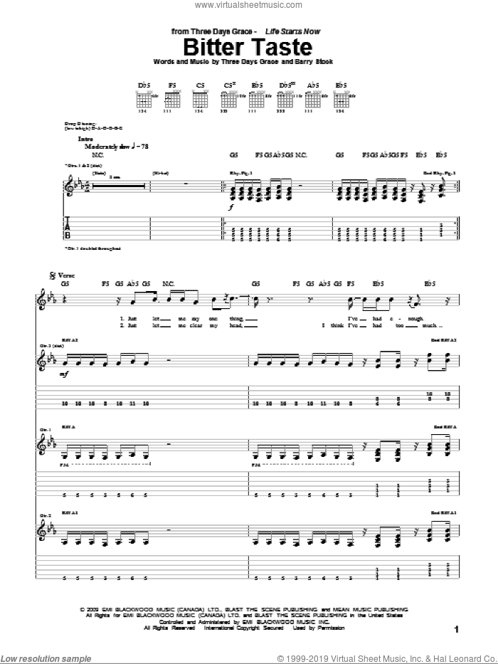 Bitter Taste sheet music for guitar (tablature) by Three Days Grace, Adam Gontier, Barry Stock, Brad Walst and Neil Sanderson, intermediate skill level