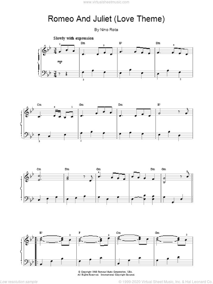 Romeo And Juliet (Love Theme) sheet music for piano solo by Nino Rota, intermediate skill level