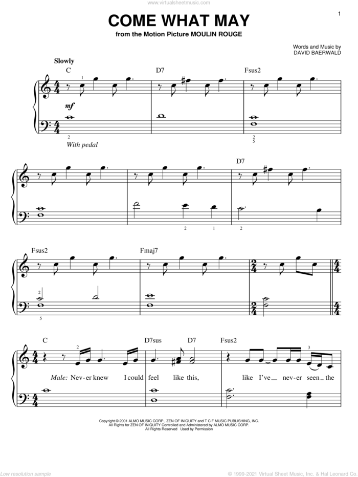 Come What May (from Moulin Rouge), (easy) sheet music for piano solo by Nicole Kidman & Ewan McGregor, Ewan McGregor, Moulin Rouge (Movie), Nicole Kidman, Nicole Kidman and Ewan McGregor and David Baerwald, easy skill level