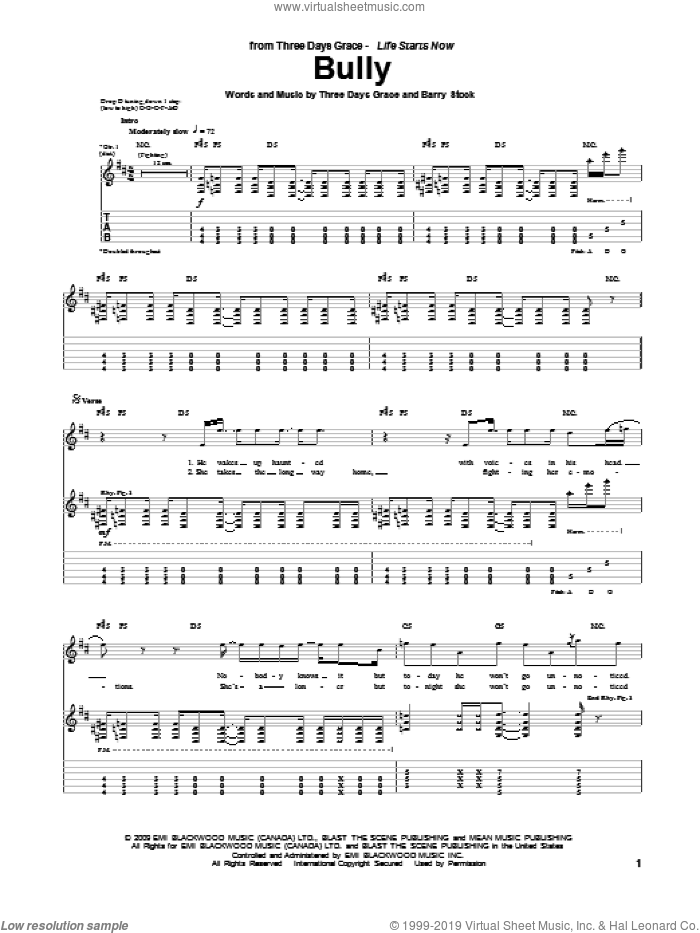 Bully sheet music for guitar (tablature) by Three Days Grace, Adam Gontier, Barry Stock, Brad Walst and Neil Sanderson, intermediate skill level