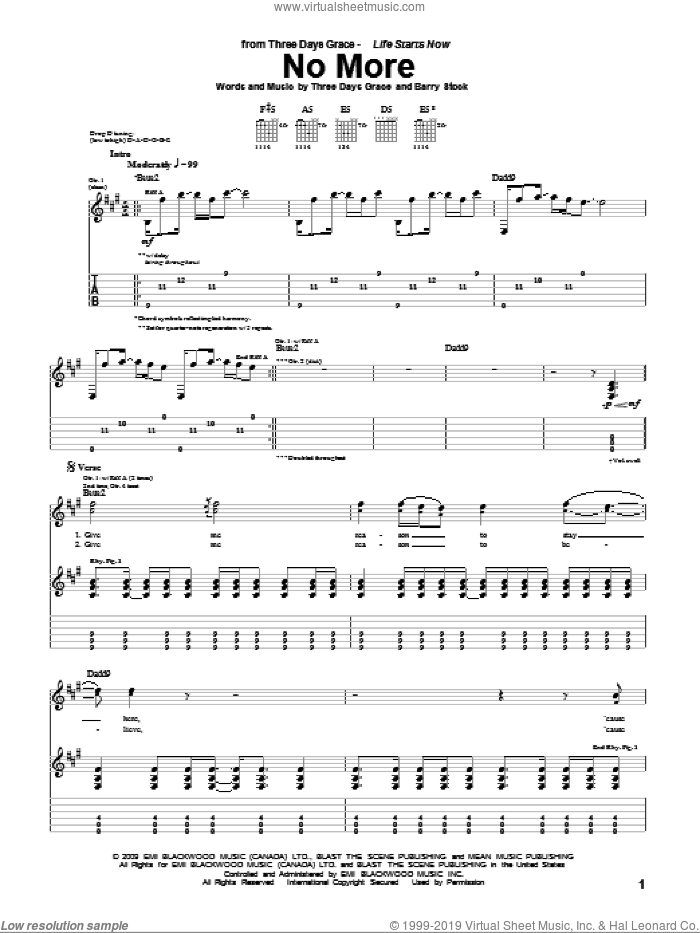 No More sheet music for guitar (tablature) by Three Days Grace, Adam Gontier, Barry Stock, Brad Walst and Neil Sanderson, intermediate skill level
