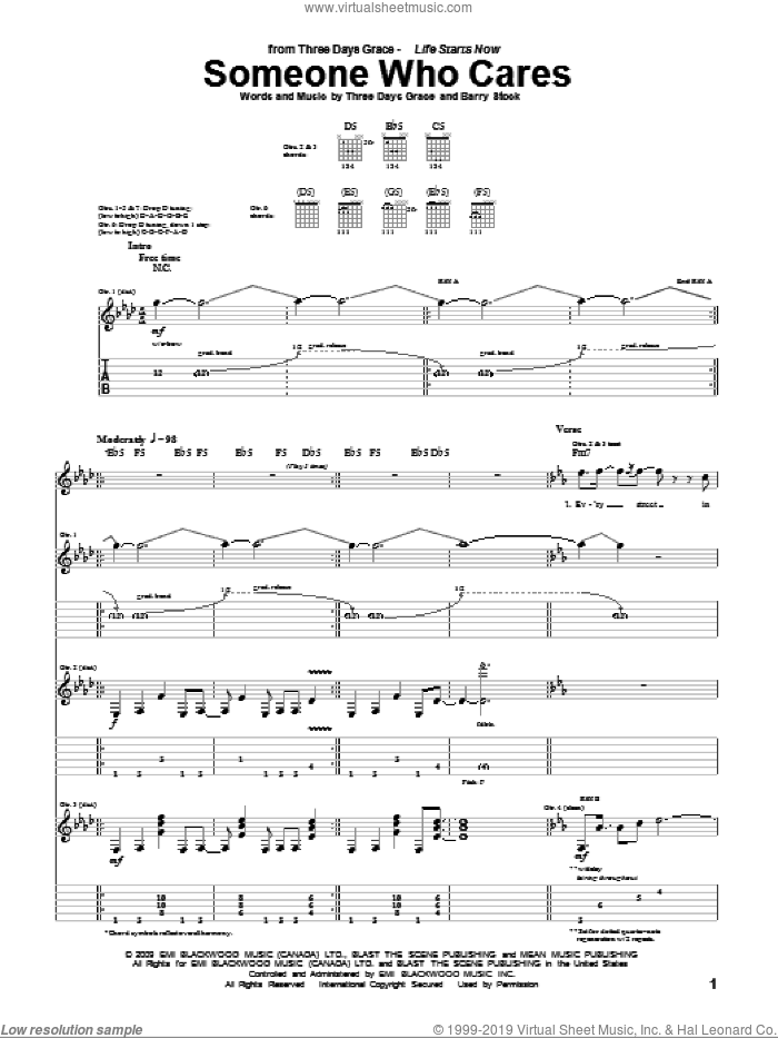 Someone Who Cares sheet music for guitar (tablature) by Three Days Grace, Adam Gontier, Barry Stock, Brad Walst and Neil Sanderson, intermediate skill level