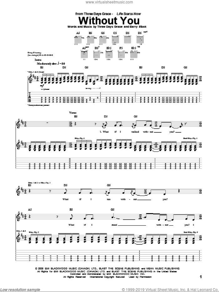 Without You sheet music for guitar (tablature) by Three Days Grace, Adam Gontier, Barry Stock, Brad Walst and Neil Sanderson, intermediate skill level