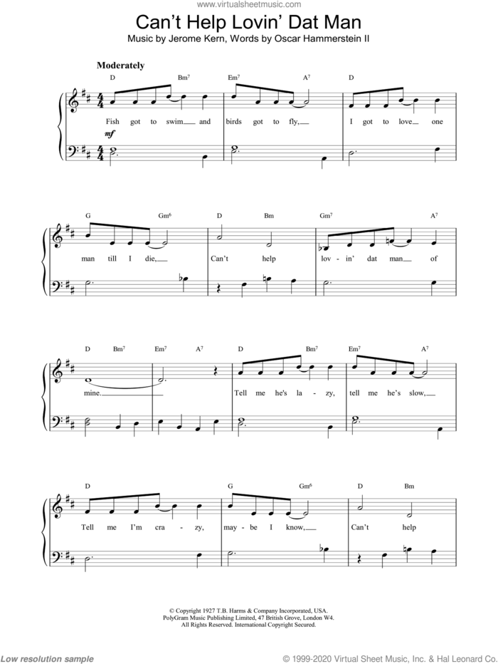 Can't Help Lovin' Dat Man sheet music for piano solo by Jerome Kern, Show Boat (Musical) and Oscar II Hammerstein, easy skill level