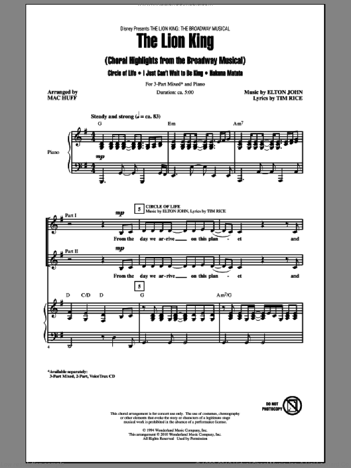The Lion King (Broadway Musical Highlights) sheet music for choir (3-Part Mixed) by Elton John, Tim Rice and Mac Huff, intermediate skill level