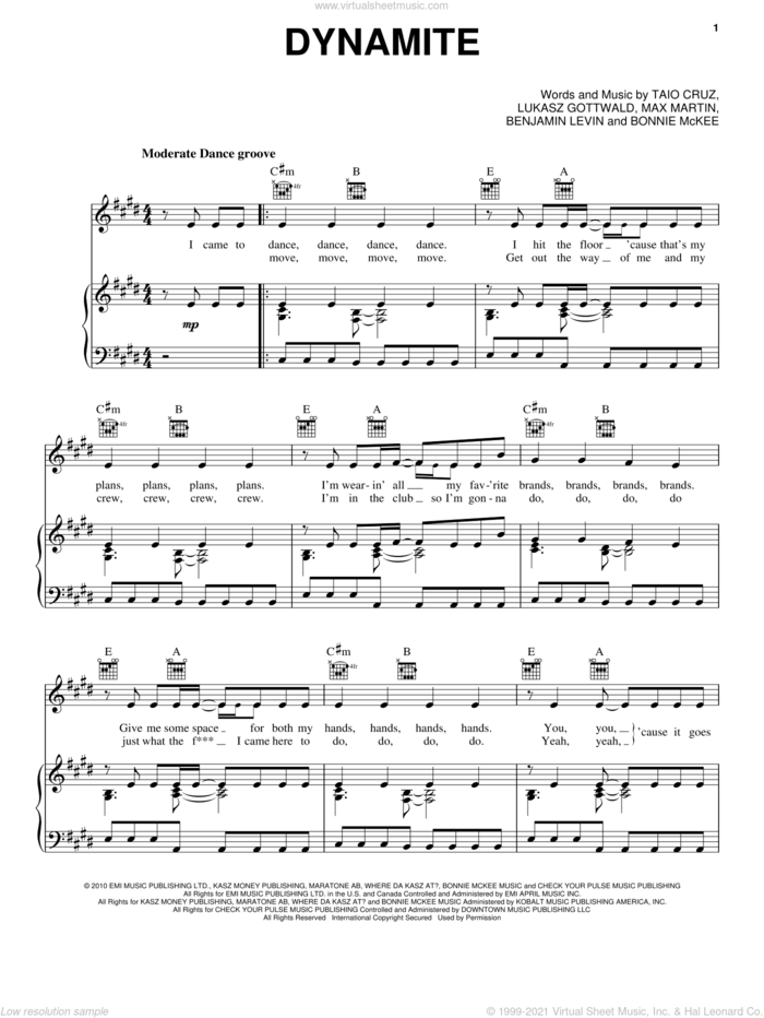 Dynamite sheet music for voice, piano or guitar by Taio Cruz, Benjamin Levin, Bonnie McKee, Lukasz Gottwald and Max Martin, intermediate skill level