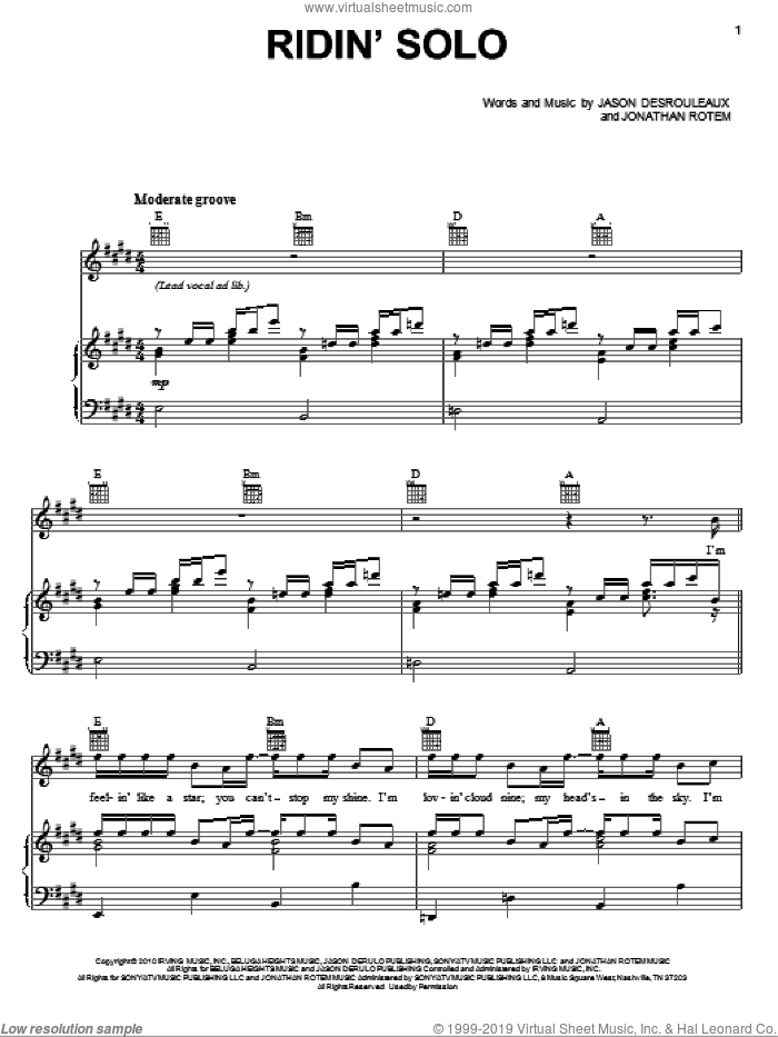 Ridin' Solo sheet music for voice, piano or guitar by Jason Derulo, Jason Desrouleaux and Jonathan Rotem, intermediate skill level