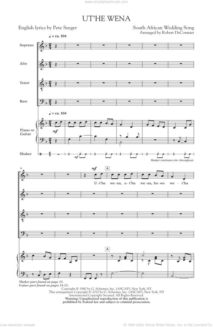 Ut'he Wena sheet music for choir (SATB: soprano, alto, tenor, bass) by Pete Seeger and Robert DeCormier, intermediate skill level