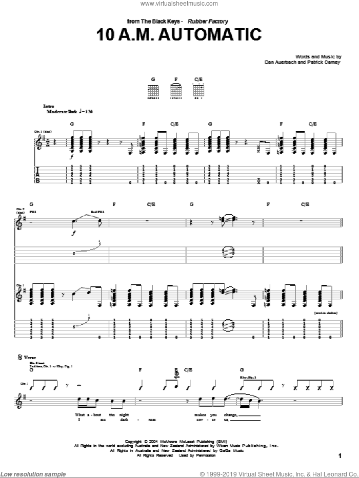 10 A.M. Automatic sheet music for guitar (tablature) by The Black Keys, Daniel Auerbach and Patrick Carney, intermediate skill level