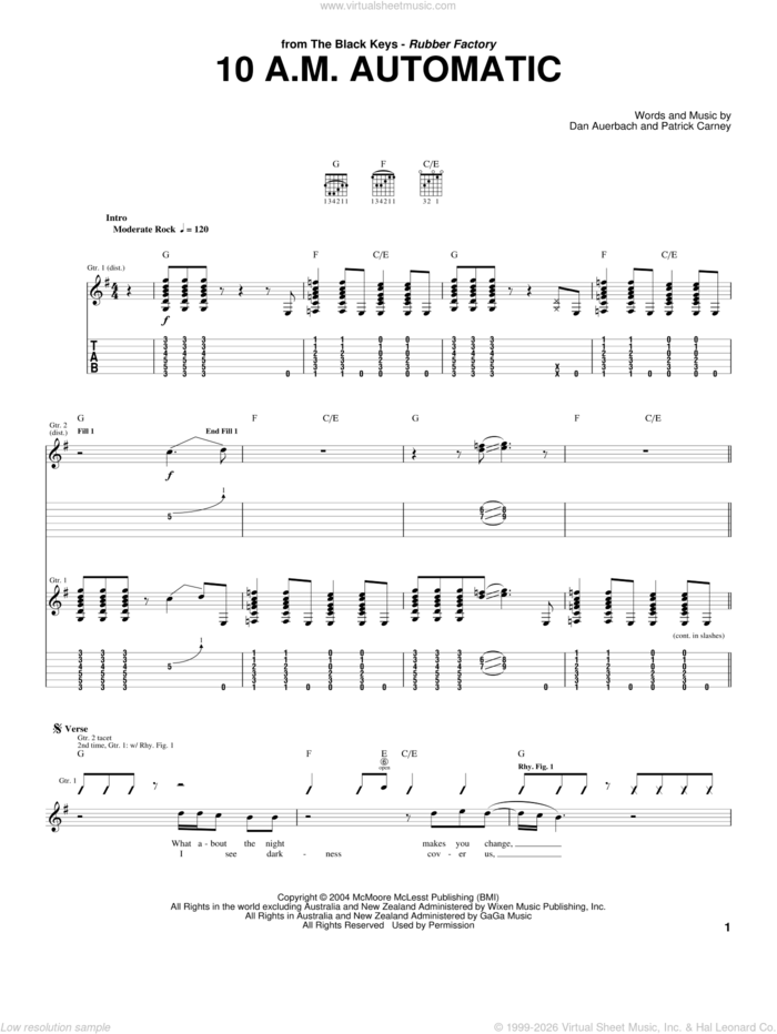 10 A.M. Automatic sheet music for guitar (tablature) by The Black Keys, Daniel Auerbach and Patrick Carney, intermediate skill level
