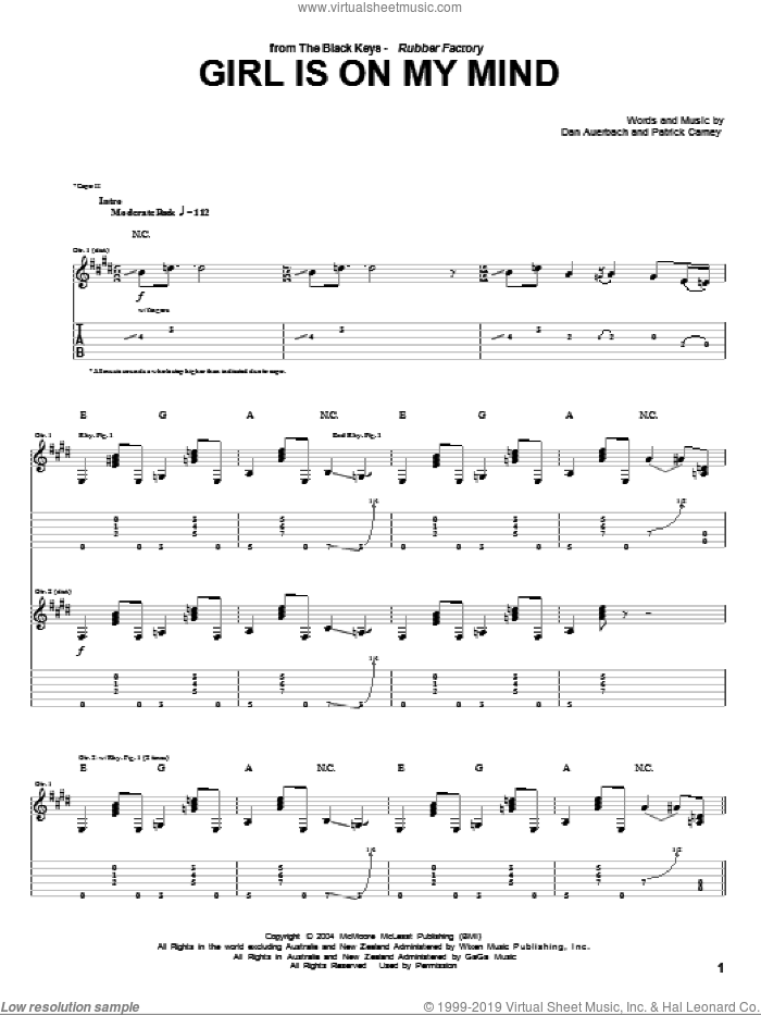 Girl Is On My Mind sheet music for guitar (tablature) by The Black Keys, Daniel Auerbach and Patrick Carney, intermediate skill level