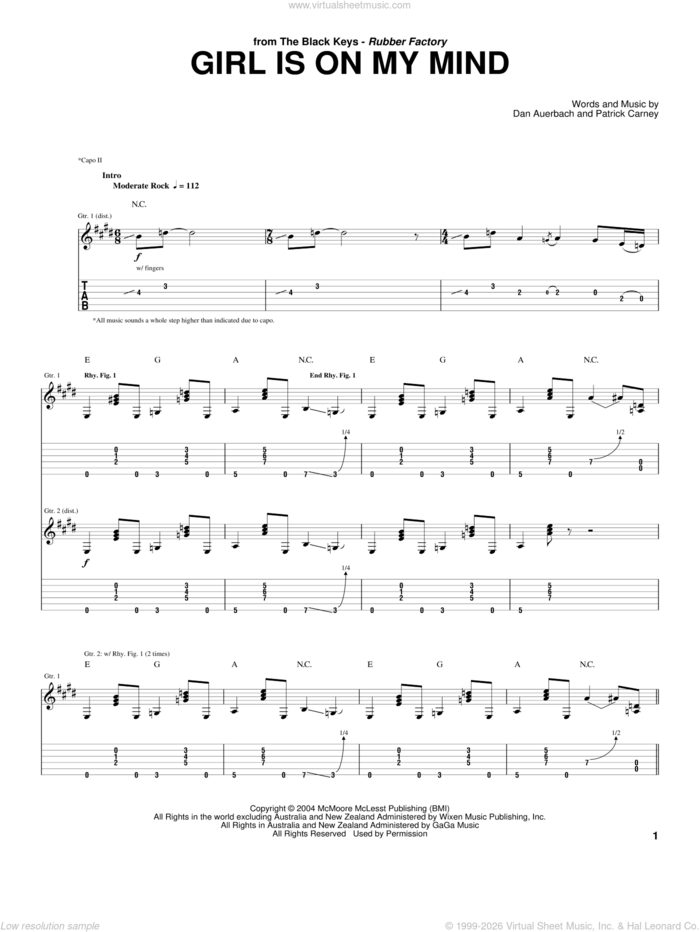 Girl Is On My Mind sheet music for guitar (tablature) by The Black Keys, Daniel Auerbach and Patrick Carney, intermediate skill level