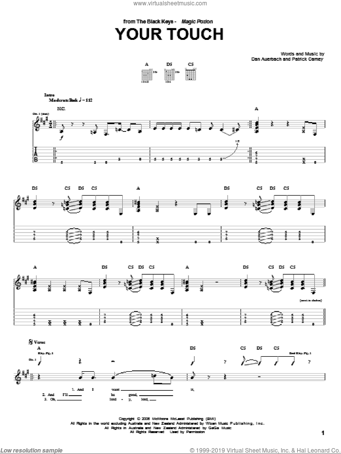 Your Touch sheet music for guitar (tablature) by The Black Keys, Daniel Auerbach and Patrick Carney, intermediate skill level