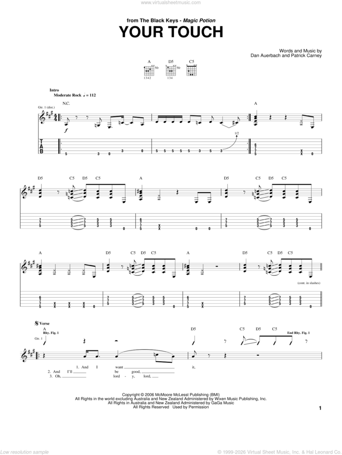 Your Touch sheet music for guitar (tablature) by The Black Keys, Daniel Auerbach and Patrick Carney, intermediate skill level