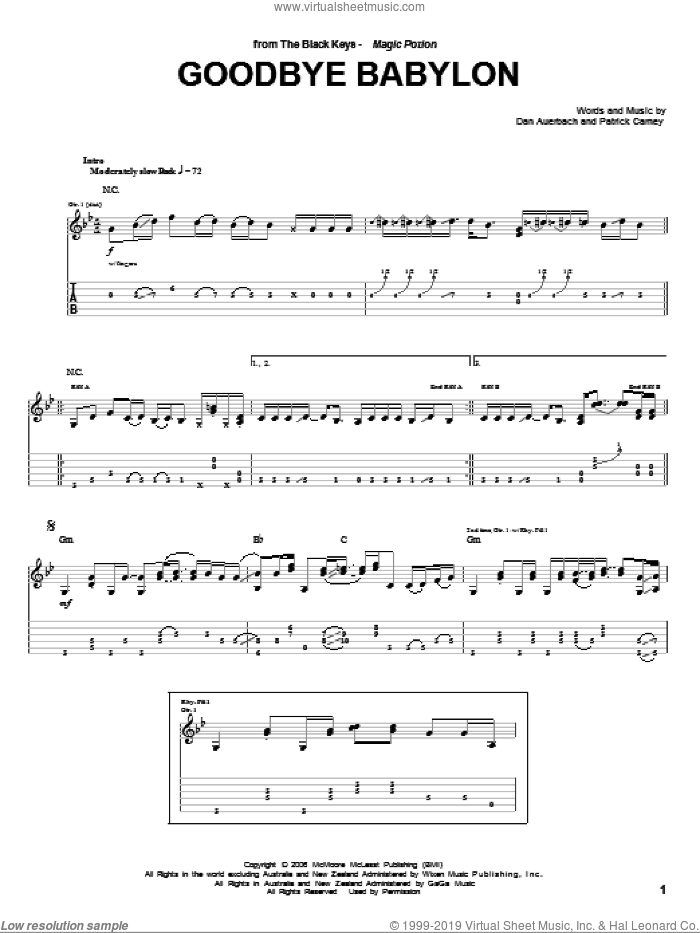 Goodbye Babylon sheet music for guitar (tablature) by The Black Keys, Daniel Auerbach and Patrick Carney, intermediate skill level