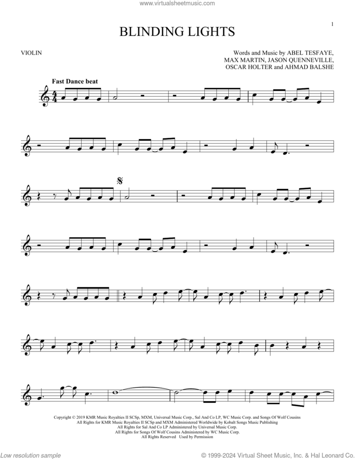 Blinding Lights sheet music for violin solo by The Weeknd, Abel Tesfaye, Ahmad Balshe, Jason Quenneville, Max Martin and Oscar Holter, intermediate skill level