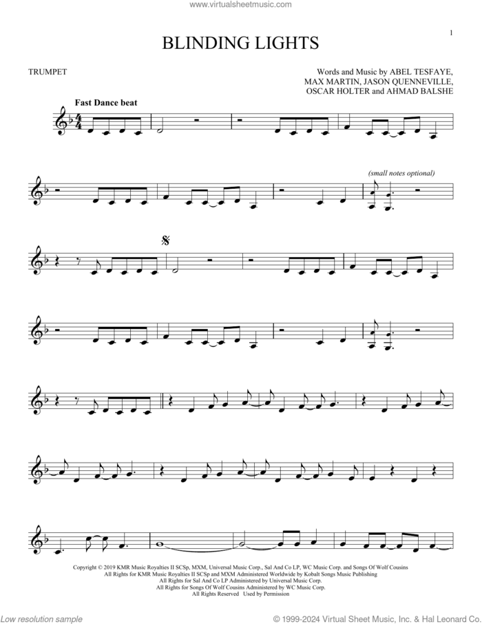 Blinding Lights sheet music for trumpet solo by The Weeknd, Abel Tesfaye, Ahmad Balshe, Jason Quenneville, Max Martin and Oscar Holter, intermediate skill level