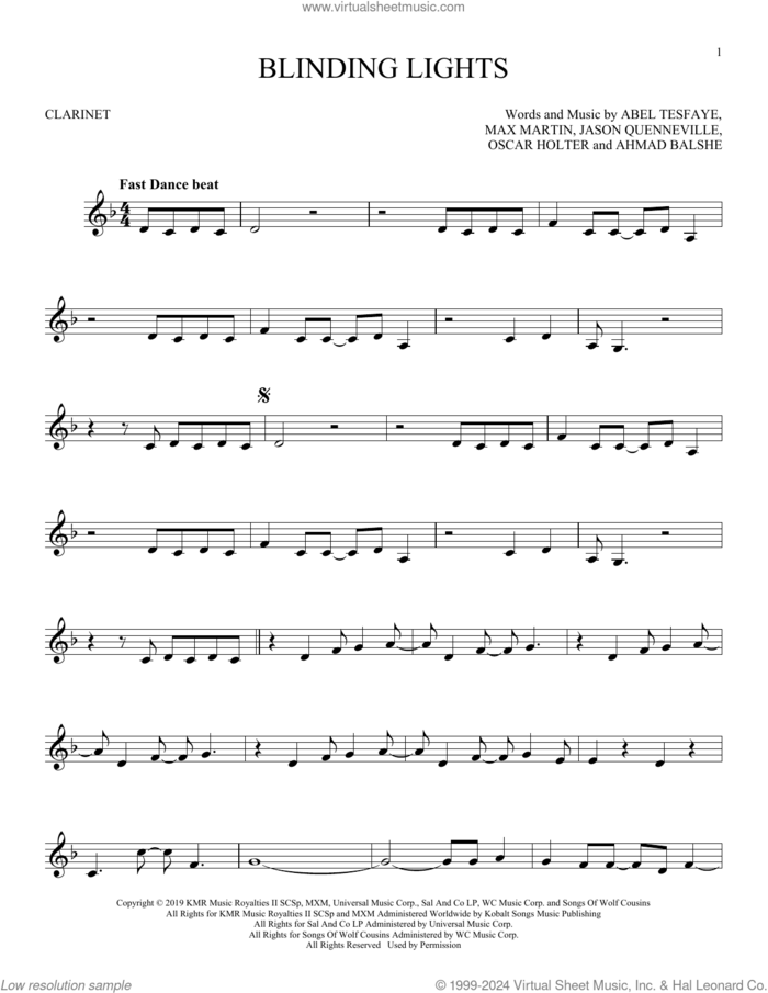 Blinding Lights sheet music for clarinet solo by The Weeknd, Abel Tesfaye, Ahmad Balshe, Jason Quenneville, Max Martin and Oscar Holter, intermediate skill level