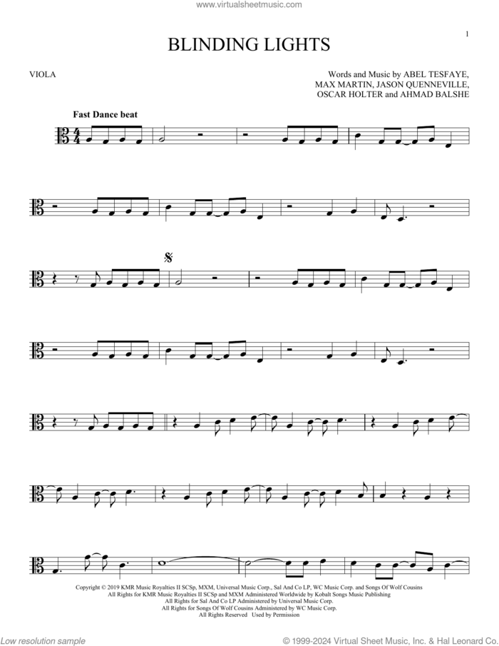 Blinding Lights sheet music for viola solo by The Weeknd, Abel Tesfaye, Ahmad Balshe, Jason Quenneville, Max Martin and Oscar Holter, intermediate skill level