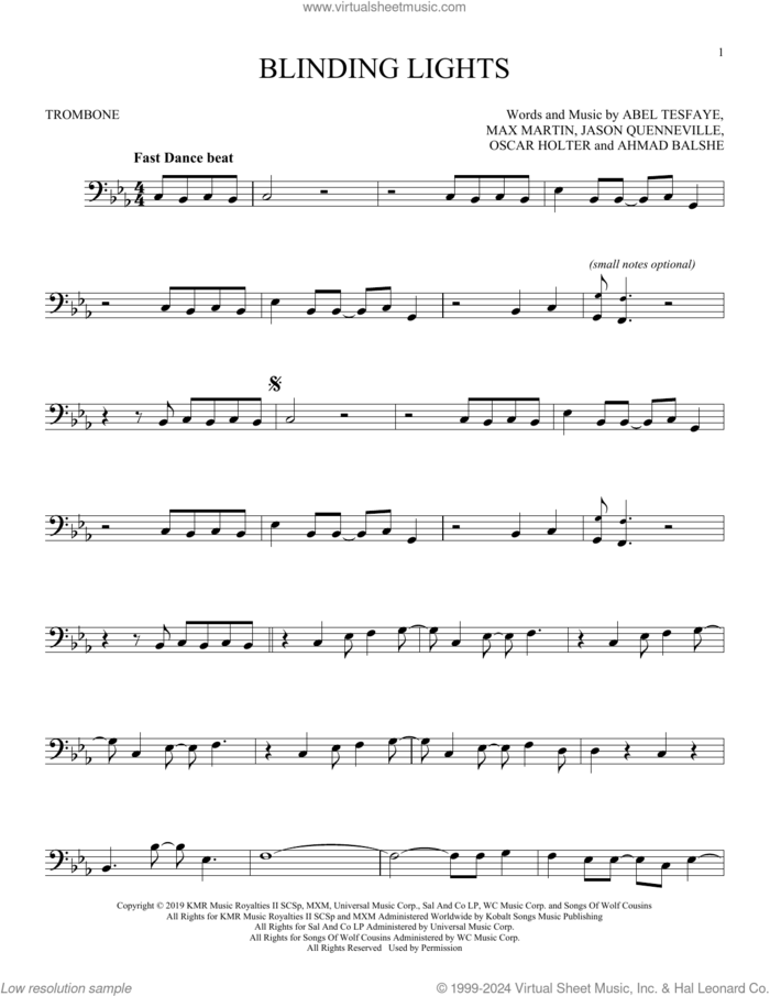 Blinding Lights sheet music for trombone solo by The Weeknd, Abel Tesfaye, Ahmad Balshe, Jason Quenneville, Max Martin and Oscar Holter, intermediate skill level