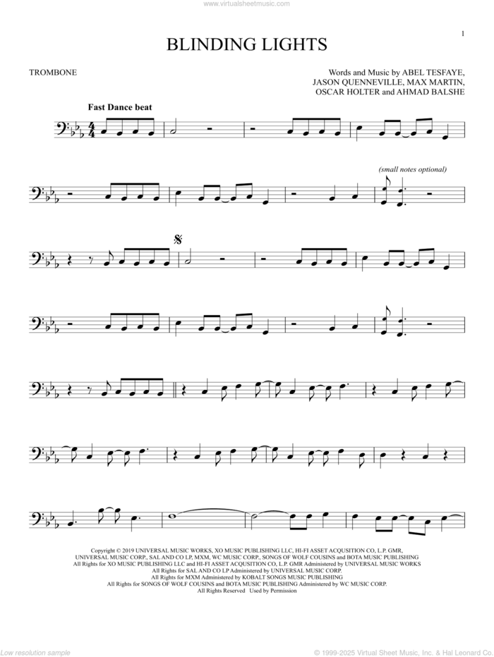 Blinding Lights sheet music for trombone solo by The Weeknd, Abel Tesfaye, Ahmad Balshe, Jason Quenneville, Max Martin and Oscar Holter, intermediate skill level