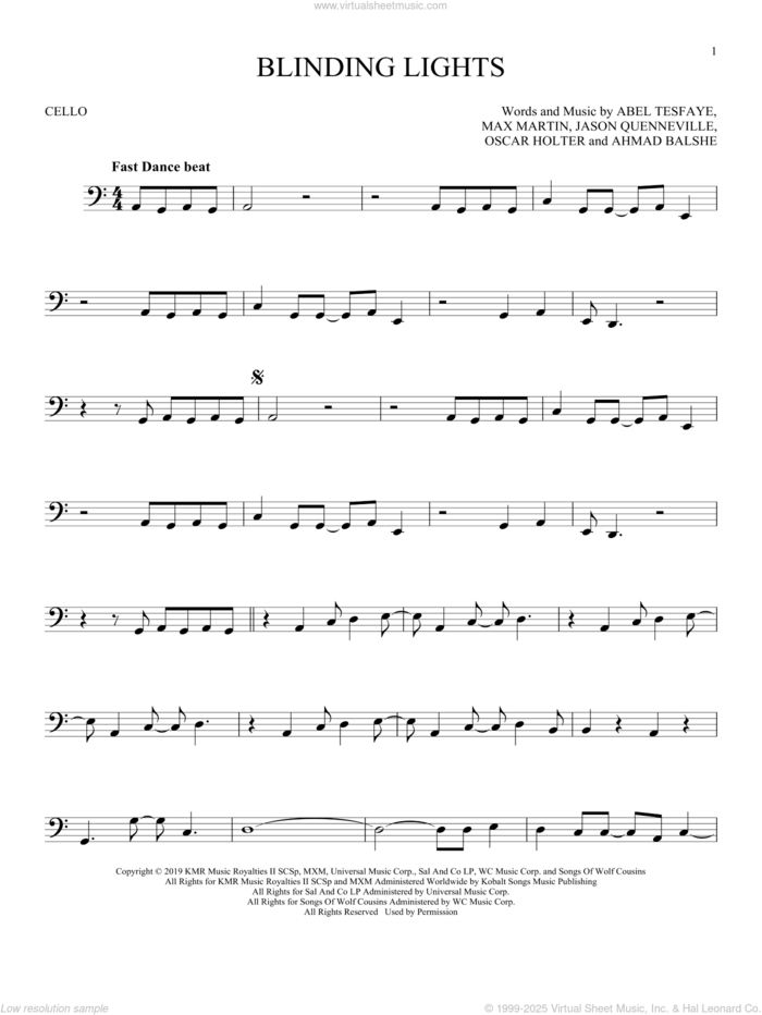 Blinding Lights sheet music for cello solo by The Weeknd, Abel Tesfaye, Ahmad Balshe, Jason Quenneville, Max Martin and Oscar Holter, intermediate skill level