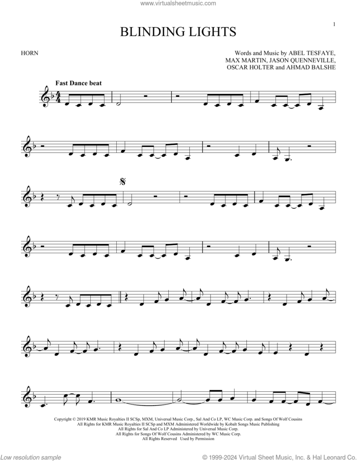 Blinding Lights sheet music for horn solo by The Weeknd, Abel Tesfaye, Ahmad Balshe, Jason Quenneville, Max Martin and Oscar Holter, intermediate skill level