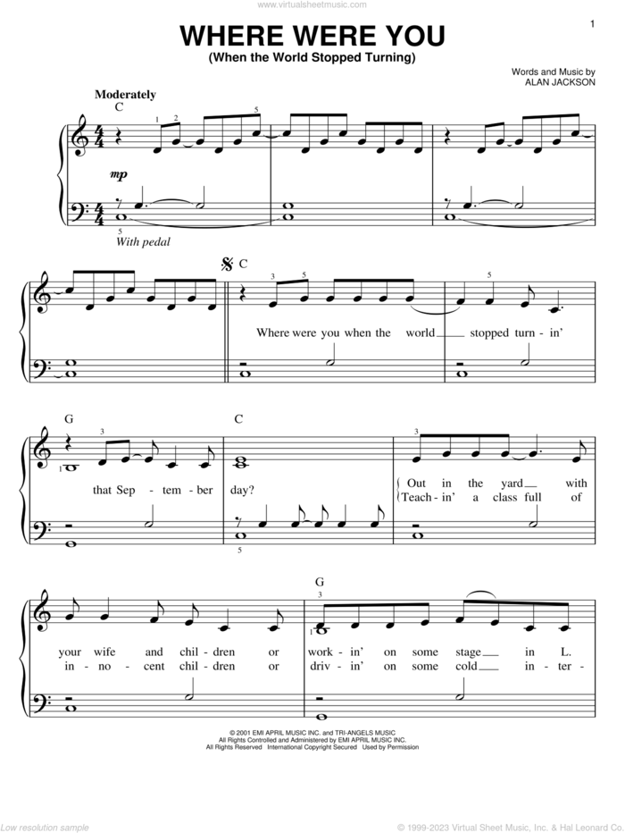 Where Were You (When The World Stopped Turning), (easy) sheet music for piano solo by Alan Jackson, easy skill level