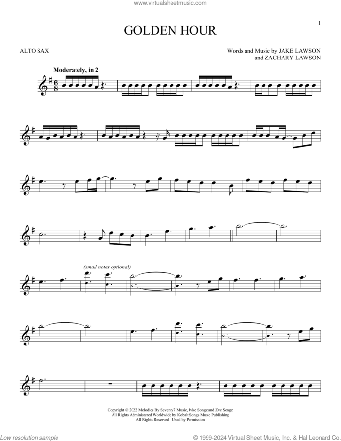 Golden Hour sheet music for alto saxophone solo by Jvke, Jake Lawson and Zachary Lawson, intermediate skill level