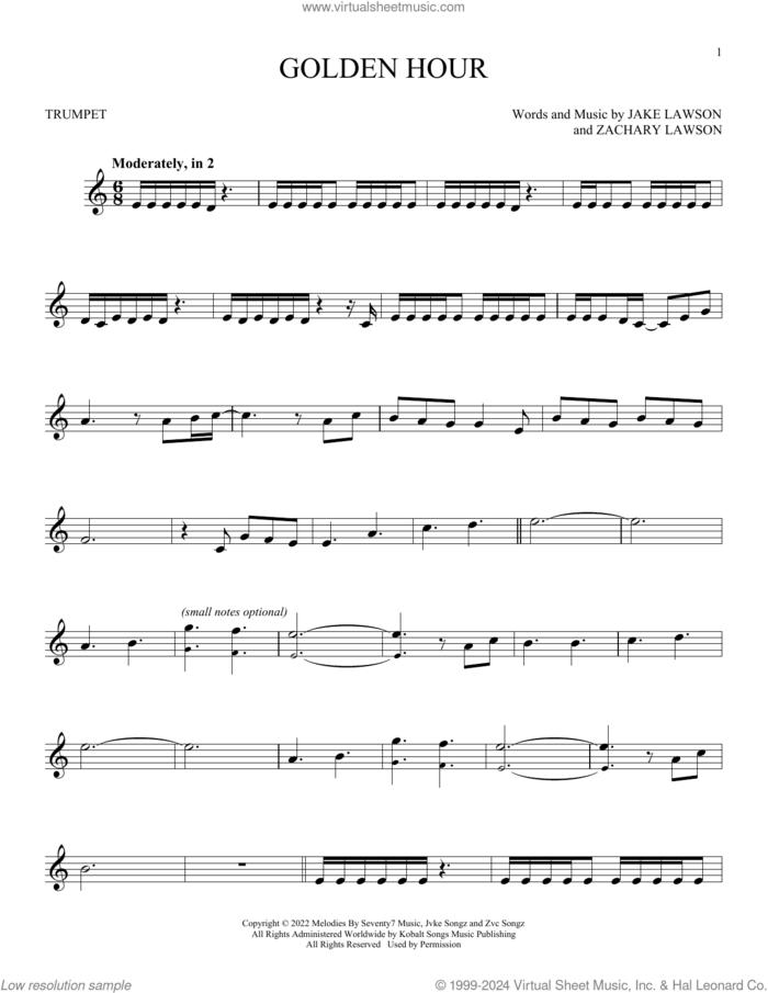 Golden Hour sheet music for trumpet solo by Jvke, Jake Lawson and Zachary Lawson, intermediate skill level