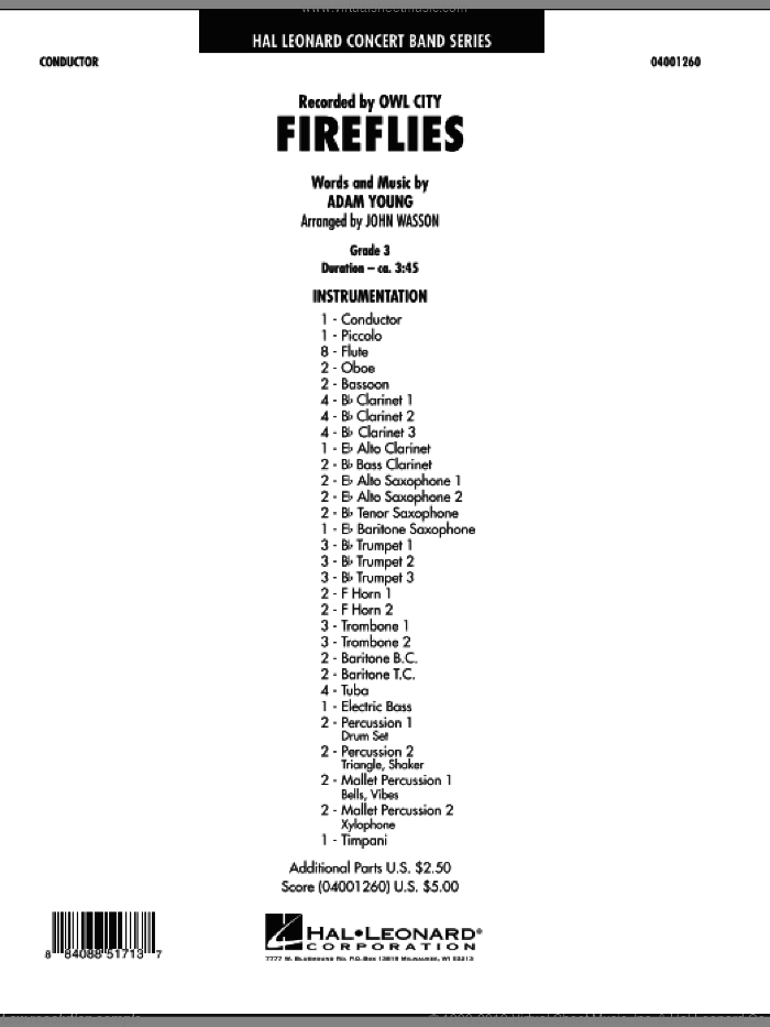 Fireflies (COMPLETE) sheet music for concert band by John Wasson, Adam Young and Owl City, intermediate skill level