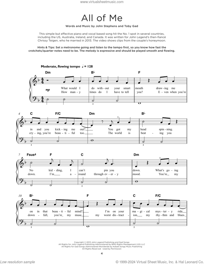 All Of Me sheet music for piano solo by John Legend, John Stephens and Toby Gad, beginner skill level