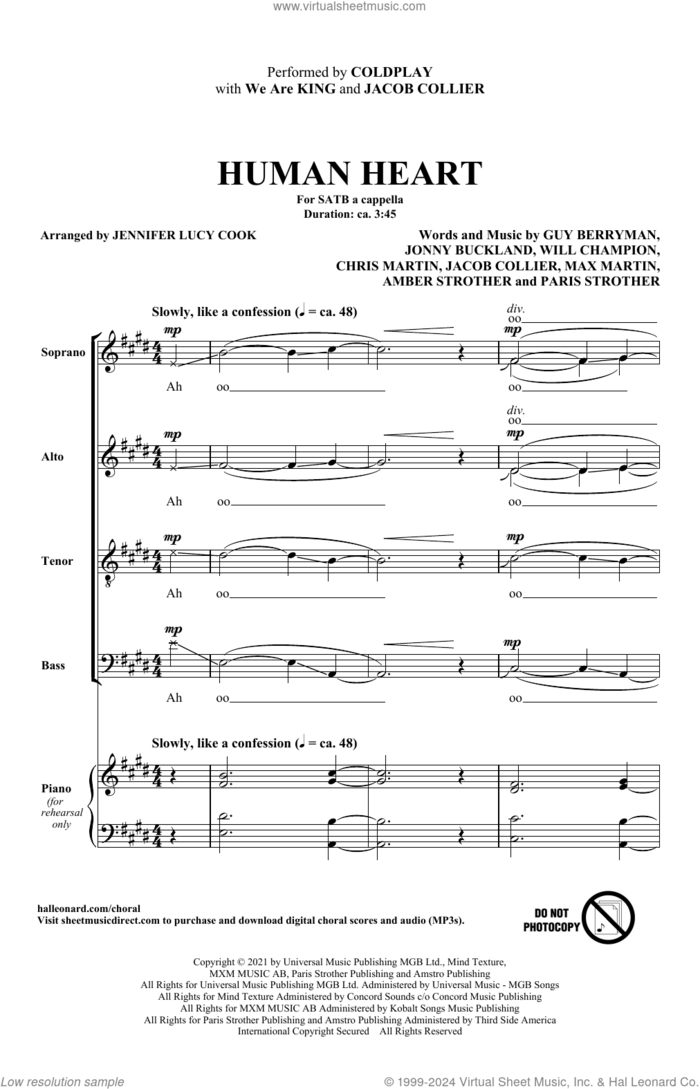 Human Heart (arr. Jennifer Lucy Cook) sheet music for choir (SATB: soprano, alto, tenor, bass) by Coldplay, We Are KING, and Jacob Collier, Jennifer Lucy Cook, Amber Strother, Chris Martin, Guy Berryman, Jacob Collier, Jonny Buckland, Max Martin, Paris Strother and Will Champion, intermediate skill level