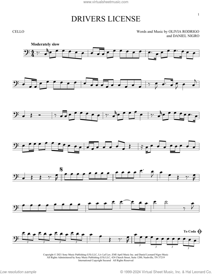 Drivers License sheet music for cello solo by Olivia Rodrigo and Daniel Nigro, intermediate skill level