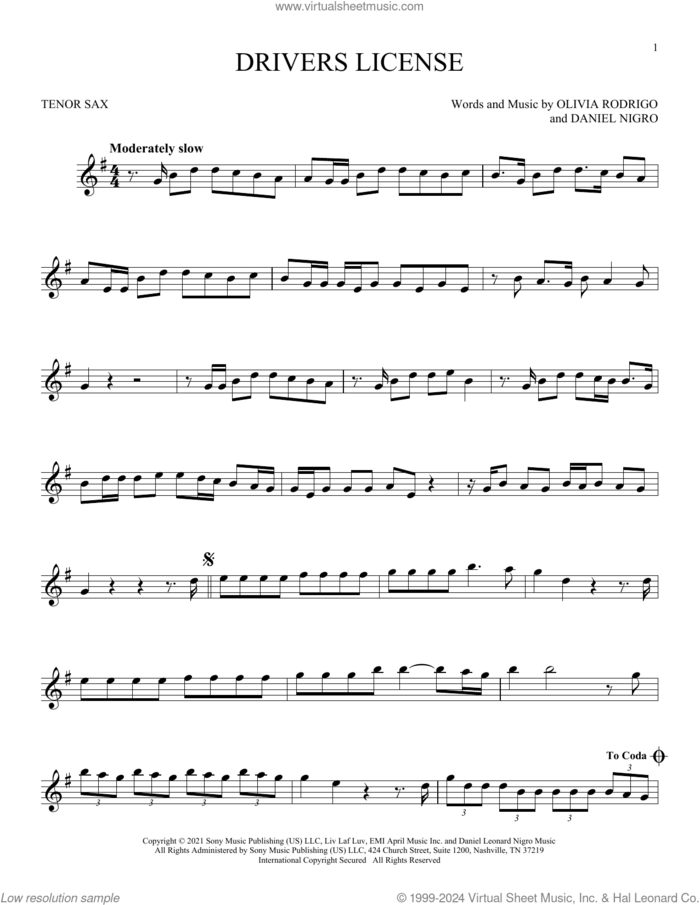 Drivers License sheet music for tenor saxophone solo by Olivia Rodrigo and Daniel Nigro, intermediate skill level