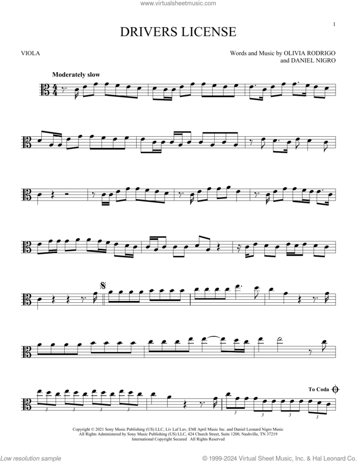 Drivers License sheet music for viola solo by Olivia Rodrigo and Daniel Nigro, intermediate skill level