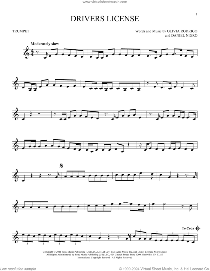 Drivers License sheet music for trumpet solo by Olivia Rodrigo and Daniel Nigro, intermediate skill level