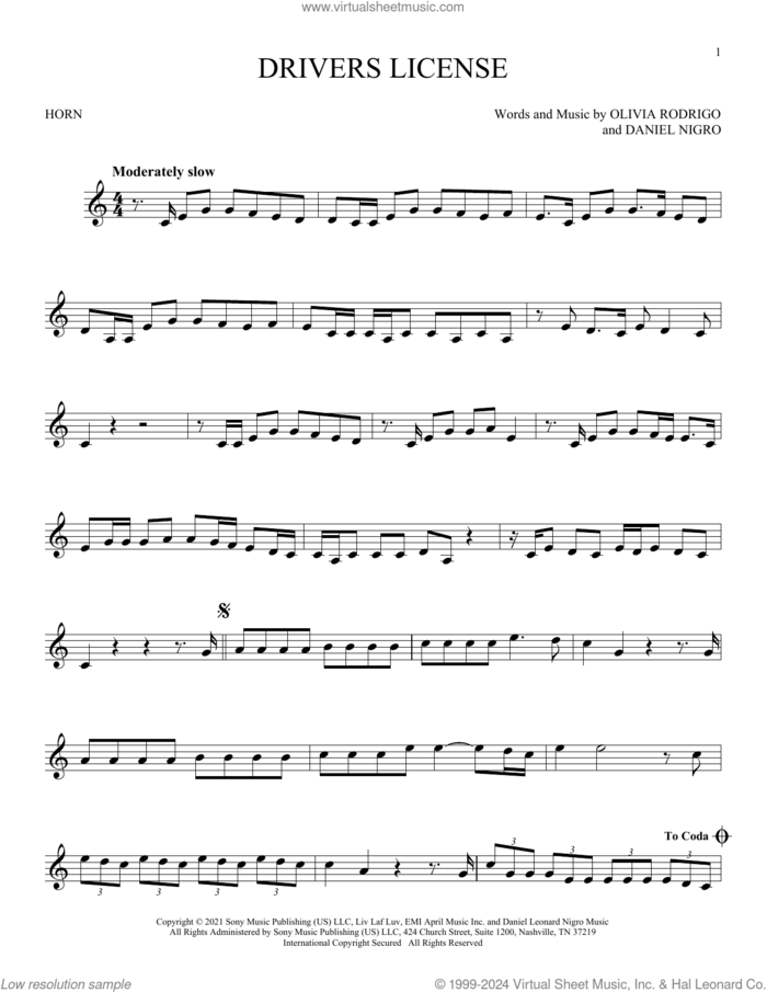 Drivers License sheet music for horn solo by Olivia Rodrigo and Daniel Nigro, intermediate skill level