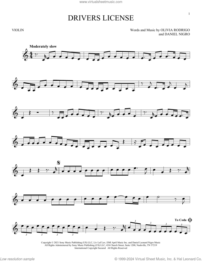 Drivers License sheet music for violin solo by Olivia Rodrigo and Daniel Nigro, intermediate skill level