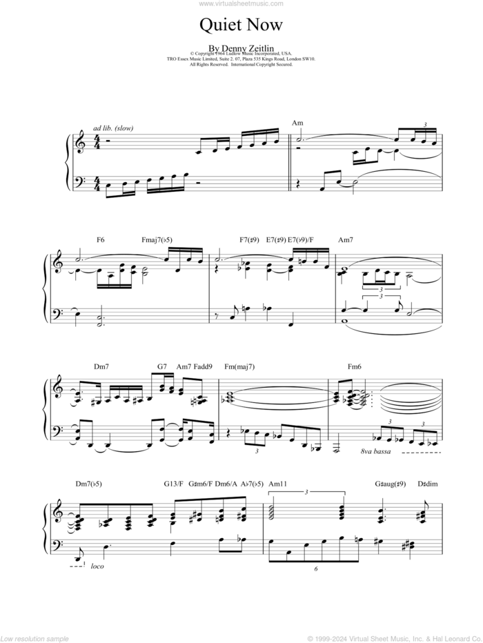 Quiet Now sheet music for piano solo by Bill Evans, intermediate skill level