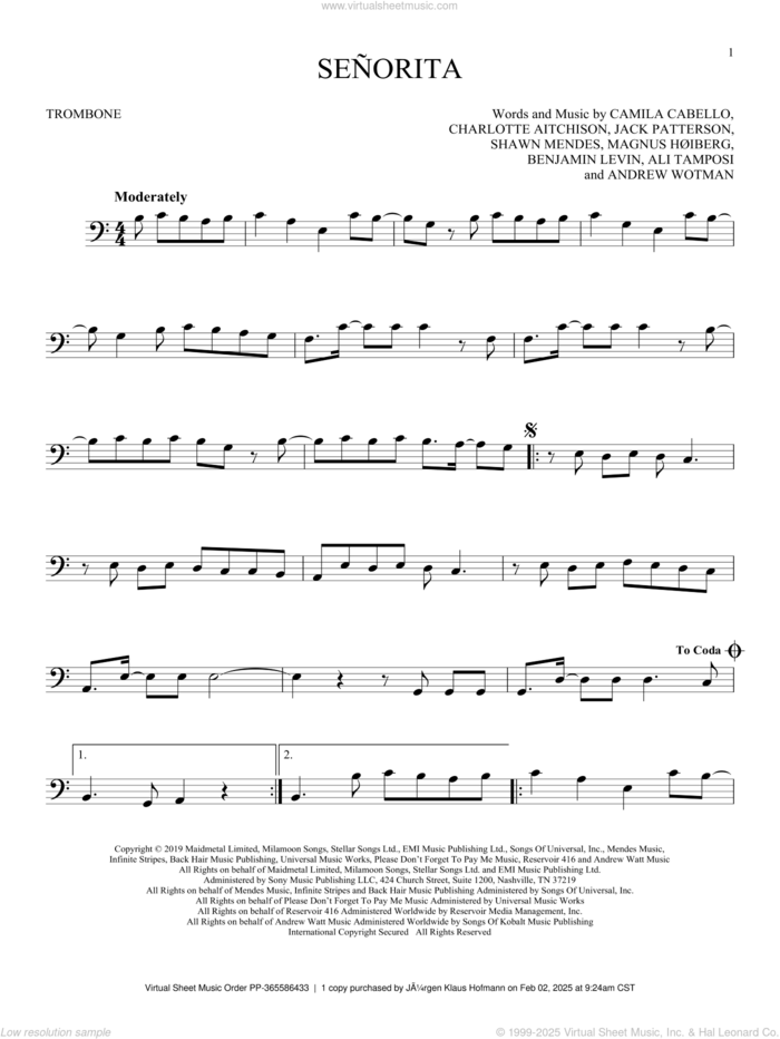 Senorita sheet music for trombone solo by Shawn Mendes and Camila Cabello, Ali Tamposi, Andrew Wotman, Benjamin Levin, Camila Cabello, Charlotte Aitchison, Jack Patterson, Magnus Hoiberg and Shawn Mendes, intermediate skill level