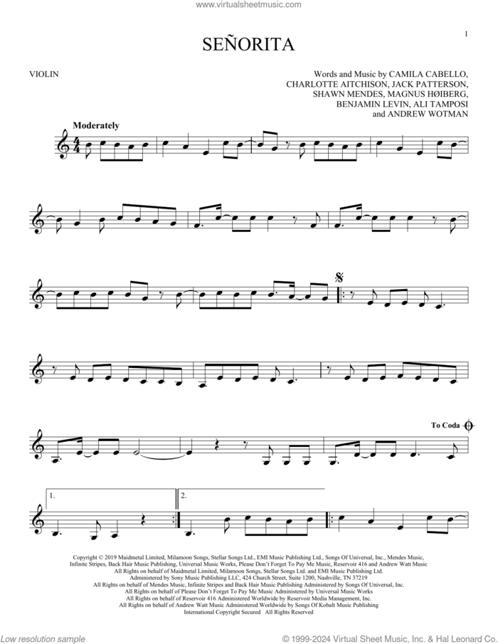 Senorita sheet music for violin solo by Shawn Mendes and Camila Cabello, Ali Tamposi, Andrew Wotman, Benjamin Levin, Camila Cabello, Charlotte Aitchison, Jack Patterson, Magnus Hoiberg and Shawn Mendes, intermediate skill level