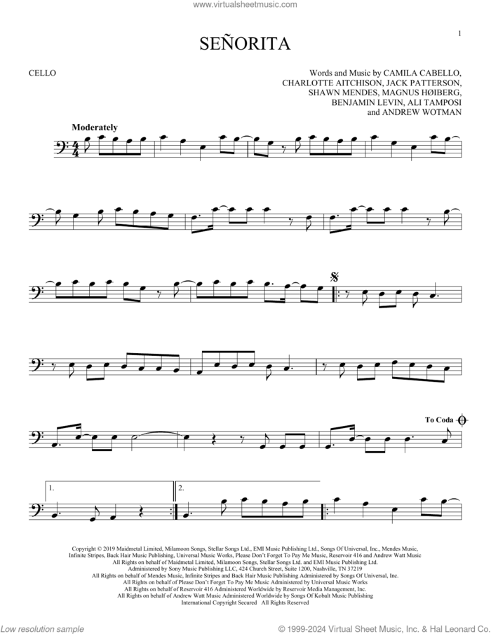 Senorita sheet music for cello solo by Shawn Mendes and Camila Cabello, Ali Tamposi, Andrew Wotman, Benjamin Levin, Camila Cabello, Charlotte Aitchison, Jack Patterson, Magnus Hoiberg and Shawn Mendes, intermediate skill level