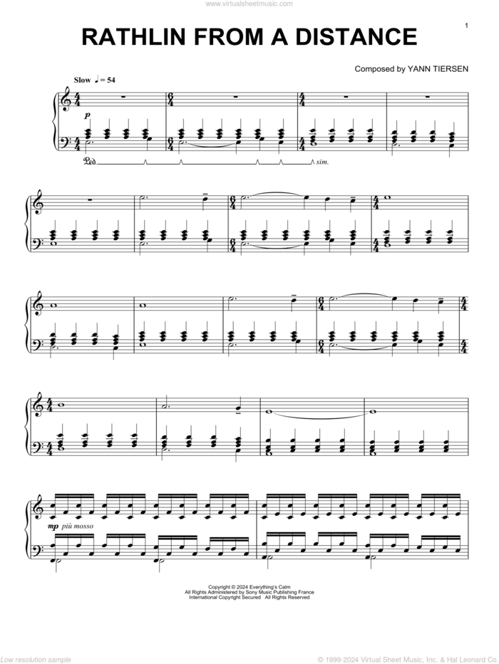 Rathlin From A Distance sheet music for piano solo by Yann Tiersen, intermediate skill level