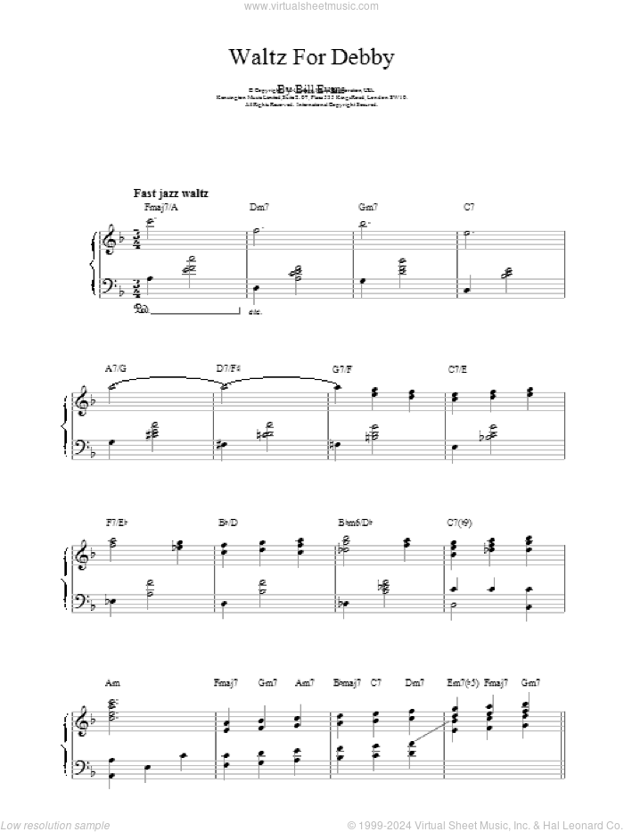Waltz For Debby sheet music for piano solo by Bill Evans, intermediate skill level