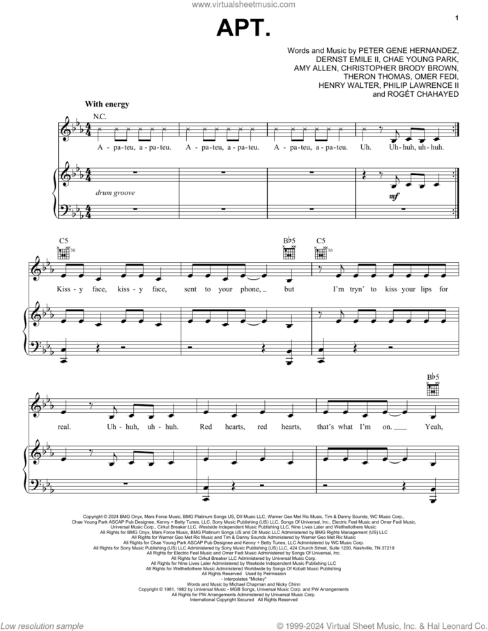 APT. sheet music for voice, piano or guitar by ROSÉ & Bruno Mars, Amy Allen, Chae Young Park, Christopher Brody Brown, Henry Walter, Mike Chapman, Nicky Chinn, Omer Fedi, Peter Gene Hernandez, Philip Lawrence II, Roget Chahayed and Theron Thomas, intermediate skill level