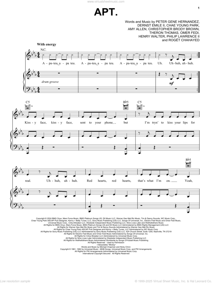 APT. sheet music for voice, piano or guitar by ROSÉ & Bruno Mars, Amy Allen, Chae Young Park, Christopher Brody Brown, Henry Walter, Mike Chapman, Nicky Chinn, Omer Fedi, Peter Gene Hernandez, Philip Lawrence II, Roget Chahayed and Theron Thomas, intermediate skill level