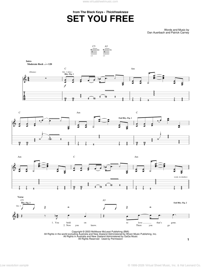 Set You Free sheet music for guitar (tablature) by The Black Keys, Daniel Auerbach and Patrick Carney, intermediate skill level