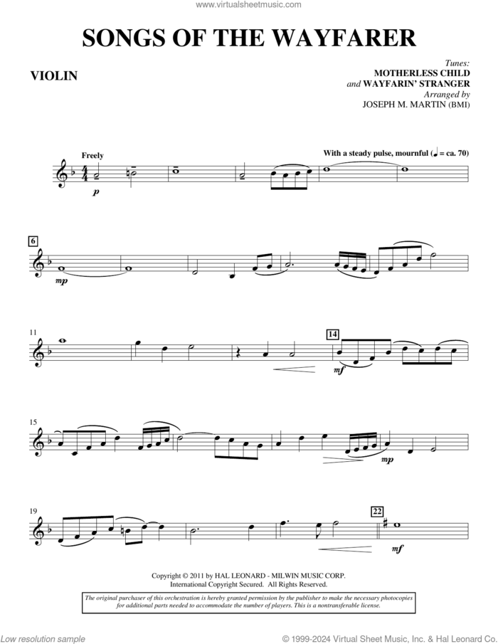 Songs Of The Wayfarer sheet music for orchestra/band (violin) by Joseph M. Martin and Miscellaneous, intermediate skill level